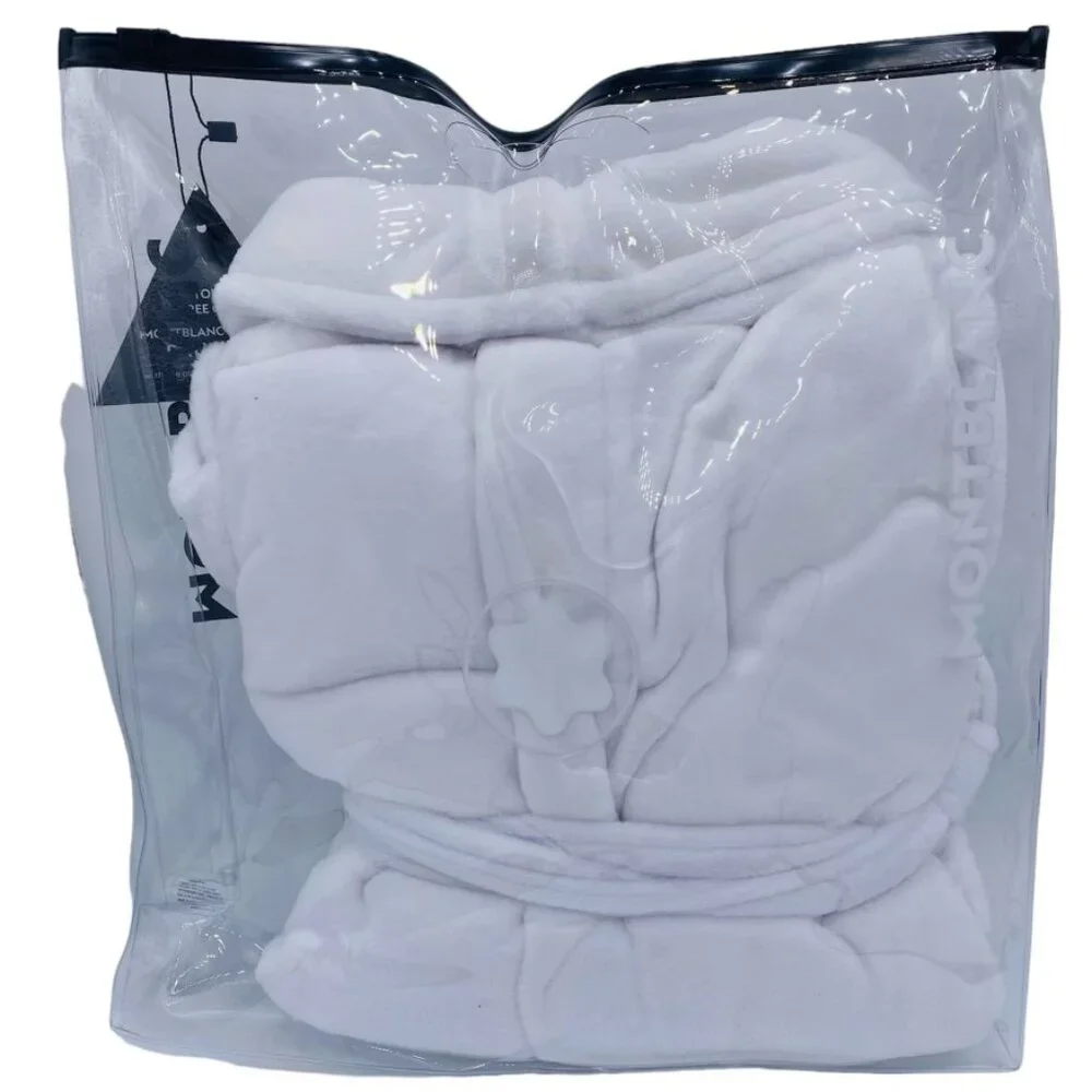 Montblanc Unisex Luxury Bath Robe, White Plush Soft Tie Belt, Spa Lounge - NEW